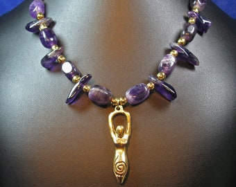 Brass Goddess Pendant with Dark Purple Amethyst Stone Beads with Gold Plated Beads Necklace OOAK Choker Vegan