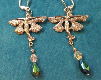 Pewter Fairies Dangle Earrings with Sparkling Green Crystal Teardrops