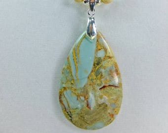 Amazing Stone Pendant with Pale Pastel Green Stone Beads and Brown Marbled Jasper Beads OAAK Necklace