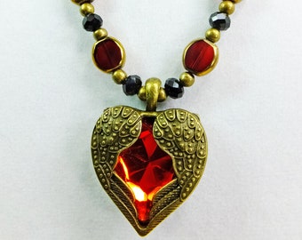 Red Glass Center and Brass Winged Heart Pendant on a Strand of Red Glass Beads, Black Cut Crystal Beads with Brass Spacers OOAK Necklace