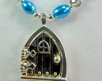 Delightful Silver Plated Pewter Fairy Door Locket Pendant on Beaded Necklace AB Crystal and Glass Pearls