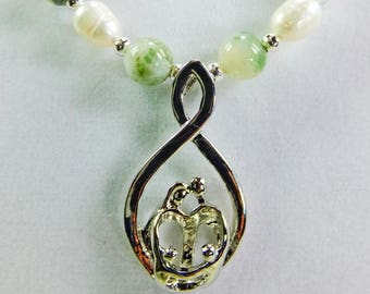 Family Forms a Circle Pewter Pendant with White Freshwater Pearls and Gray Agate Beads Necklace