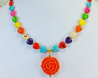 Orange 2 sided Rose on a Multi Colored Mangasite Stone Hearts Necklace