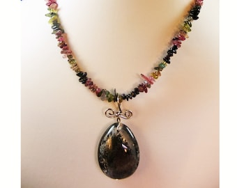Amazing Quartz Pendant with Mineral Inclusions Within on a Fluorite Chips Necklace OOAK
