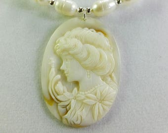 Cameo Carved into White Shell with Freshwater Pearls and Tiny Silver Plated Spacer Beads Necklace