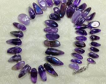 Natural Polished Amethyst Tips Beads 20 inch long Necklace Deep Purple Violet Lavender OOAK