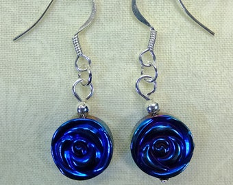 Dark Metallic Blue Glass Roses Dangle Earrings Lightweight