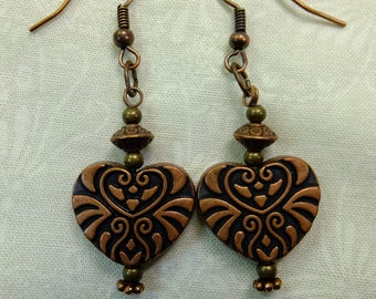 Romantic Dangle Earrings Engraved Reddish Antique Copper Hearts with Accent Beads Fish Hook Earwires