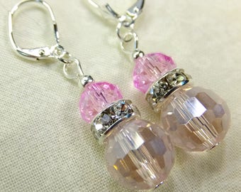 Pink Cut Glass Crystal Beads Dangle Earrings Rhinestone Accents Lever back Ear wires