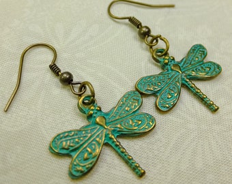 Antique Copper Green Metal Dragonfly Dangle Earrings with Fish Hook Ear Wires