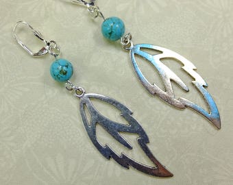 Real Turquoise Beads and Large Pewter Feathers or Leaves Charms Long Dangle Earrings