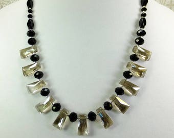 Gray Cut Crystal Beaded Necklace with Various Black Glass Beads, Tiny Silver Plated Beads, and Security Clasp