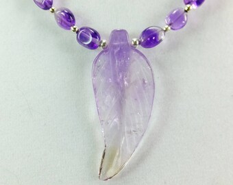 Lovely Pale Lavender Amethyst Carved Leaf Pendant Purple Amethyst Stone Beaded Necklace Lightweight OOAK