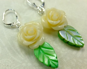 Rose Lover Earrings Cream White Resin Rose Beads with Green Leaf Shell Beads Dangle Lever Back Ear Wires