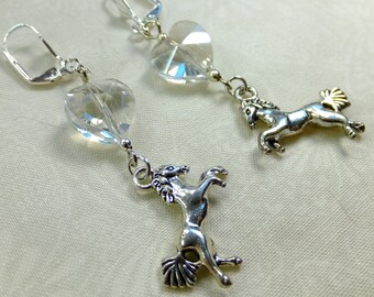 Clear Glass Crystal Hearts with pewter Horse Charms Beaded Dangle Earrings Perfect for Horse Lovers