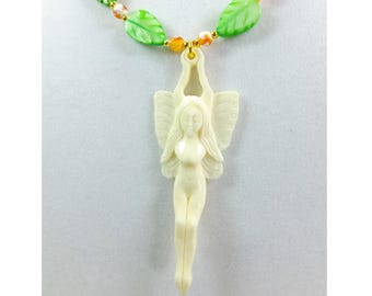 Carved Bone Fairy Pendant Necklace w/ Green Carved Shell Leaves and Small Orange & White Agate Stone Beads and Tiny Gold Plated Beads OOAK
