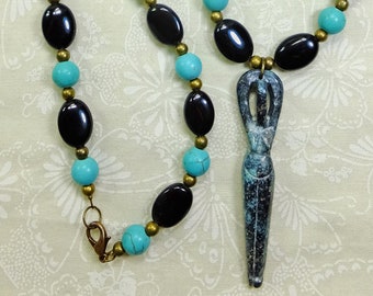 Carved Stone Goddess Pendant Necklace with Blue Magnesite, and Black Glass Beads OOAK