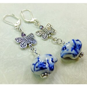 Chinese Hand painted Blue and White Ceramic Frogs with Pewter Butterfly Charms Dangle Earrings image 2