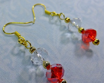 Bright Red and Clear Crystal Beaded Dangle Earrings with Fish Hook Earwires
