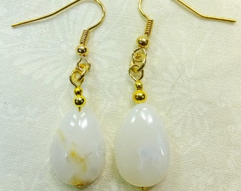 White African Opal Medium Teardrop Stone with Gold Plated Beads Dangle Earrings