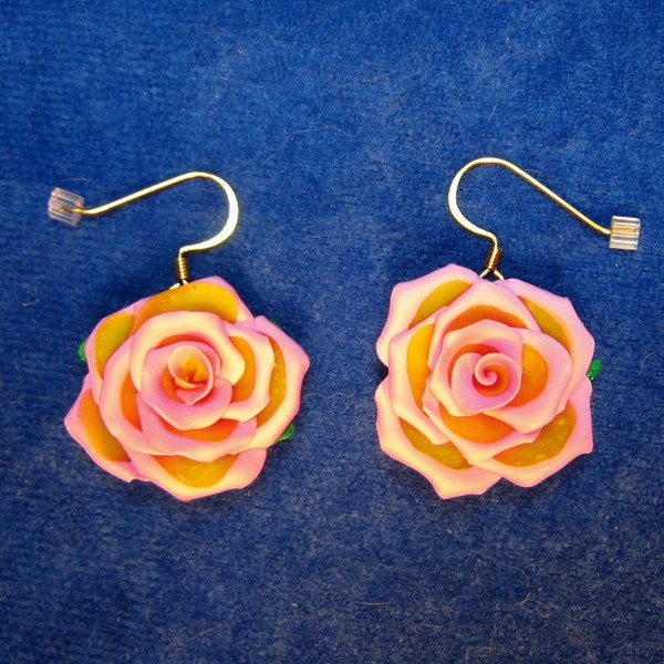 Peace Rose Handmade Polymer Clay Dangle Earrings Pink and Yellow