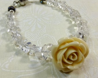 White Resin Rose, Small Quartz Chips Small Bracelet 6.5 in with Magnetic Clasp Inspired by symbols in the TV Show Beauty and the Beast