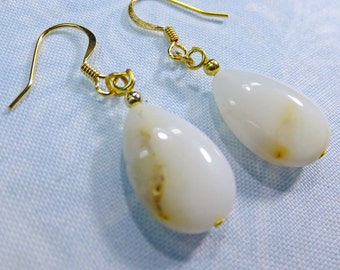 White African Opal Medium Teardrop Stone with Gold Plated Beads Dangle Earrings