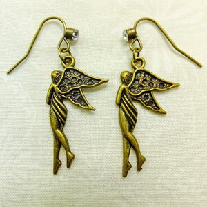 Brass Angel Charms Dangle Earrings with Embellished Fish Hook Ear Wires image 1