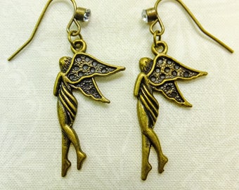 Brass Angel Charms Dangle Earrings with Embellished Fish Hook Ear Wires