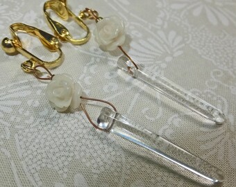 White Resin Rose Beads with Clear Quartz Crystal Tips Dangle Earrings, Golden Tone Clip on Findings Inspired by Beauty & the Beast symbols