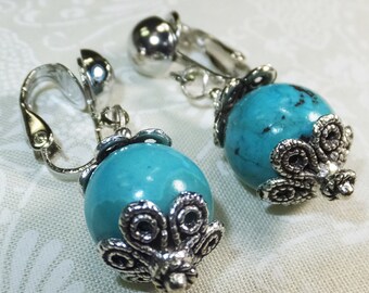 Turquoise beads Dangle Earrings with Silver Tone Clip-on Findings