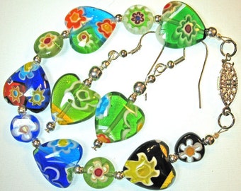Hearts and Flowers Lamp Glass Set Bracelet and Earrings Multicolored