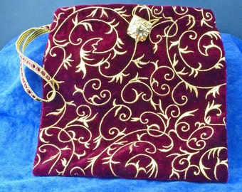 Elegant Dark Red Velvet with Gold Swirels Fabric Journal Bag Pouch