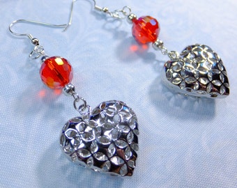 Romantic Dangle Earrings Red Cut Glass Beads and Puffed Filigre Hearts with Fish Hook Earwires