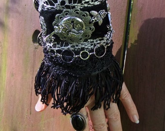 Steampunk Black and Grey Lace Black Fringe Light Hand Cuff Silvery Pewter Goddess Lock Key Wing Train Filigre Charms