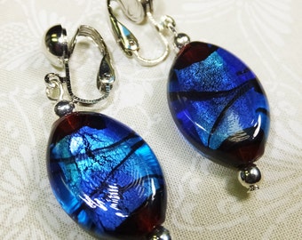 Lampglass Deep Blue Beads Dangle Earrings with Clip on Findings