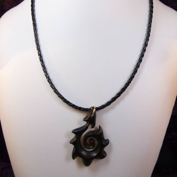 Dark Brown Carved Bone Hei Matau Stylized Maori Fish Hook on Braided Leather Cord Masculine Design Man/'s 19 inch Choker
