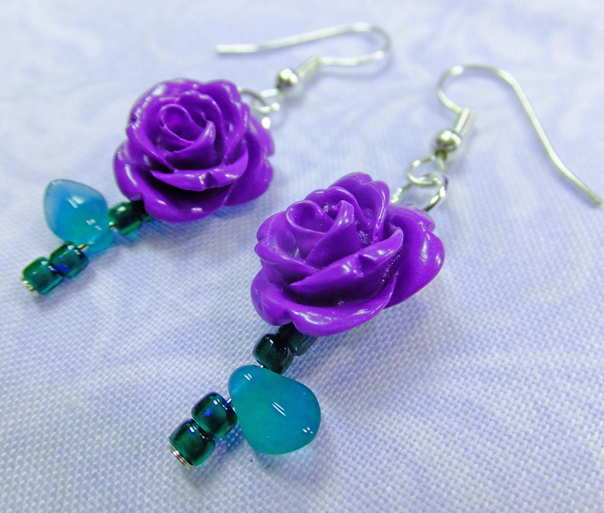 Deep Purple Roses Earrings Resin Rose Beads With Tiny Green Leaf Beads