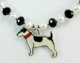 Jack Russell Terrier Black and White Enameled Pewter Pendant with Black Crystal Beads and White Glass Pearls Necklace