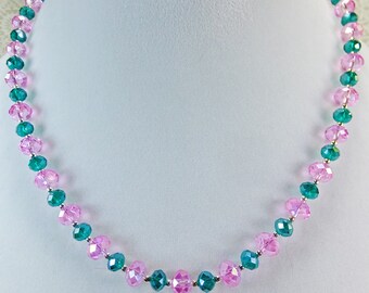 Pink and Green Crystals Beaded Necklace 18 inch long