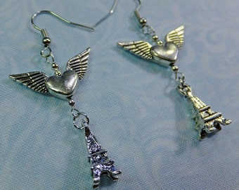 Steampunk Earrings Silvery Winged Heart Charms with Eiffel Tower Charms Fish Hook Earwires