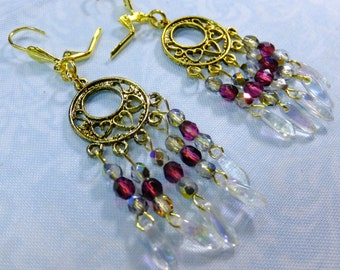 Brass Filigre Dangle Earrings with Delicate Beaded Cranberry Purple and Clear Tiny Crystal Beads