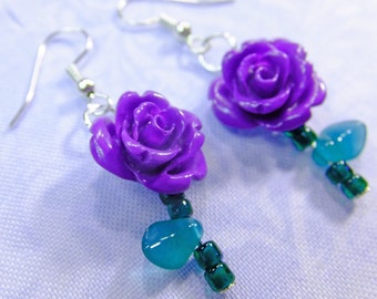 Deep Purple Roses Earrings Resin Rose Beads with Tiny Green Leaf Beads Dangle Style
