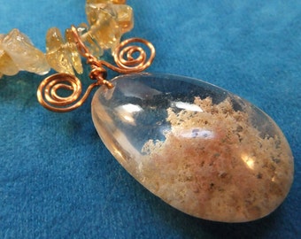 Amazing Quartz Pendant with Tiny World Within on a Citrine Chips Necklace OOAK Yellow and Orange