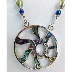 Abalone Shell Inset Sun Ray Pendant with Pale Green Freshwater Pearls, Blue Glass Beads and Tiny Silver Plated Spacer Beads Necklace image 3