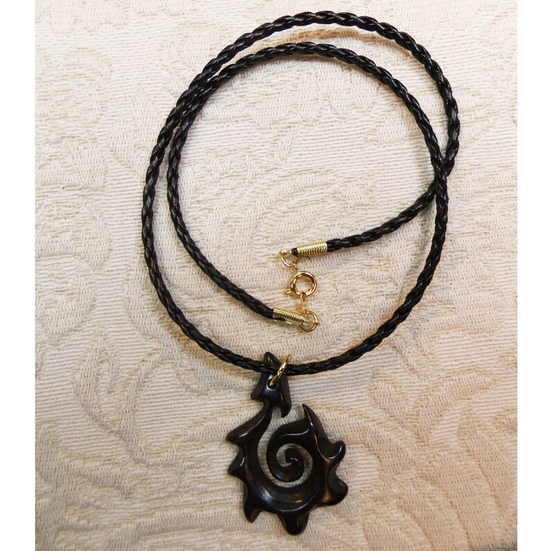 Brown Carved Bone Hei Matau Stylized Maori Fish Hook on Braided Leather Cord Masculine Design Man/'s 19 inch Choker