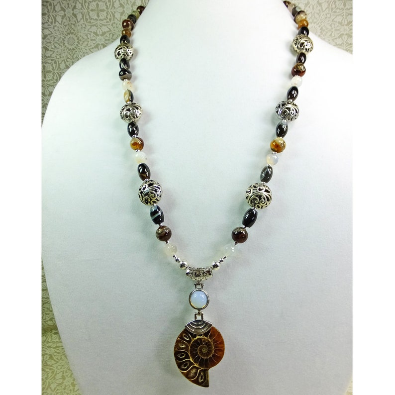 Ancient Ammonite Pendant w Sea Opal Glass Accent /& Various Agate Beads w Silver Plated Filigree Beads Necklace OOAK