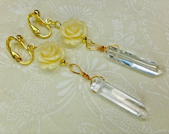 Med White Resin Rose Beads with Clear Quartz Crystal Tips Dangle Earrings, Golden Clip on Findings Inspired by Beauty & the Beast Symbols