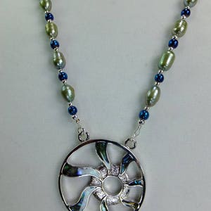 Abalone Shell Inset Sun Ray Pendant with Pale Green Freshwater Pearls, Blue Glass Beads and Tiny Silver Plated Spacer Beads Necklace image 4