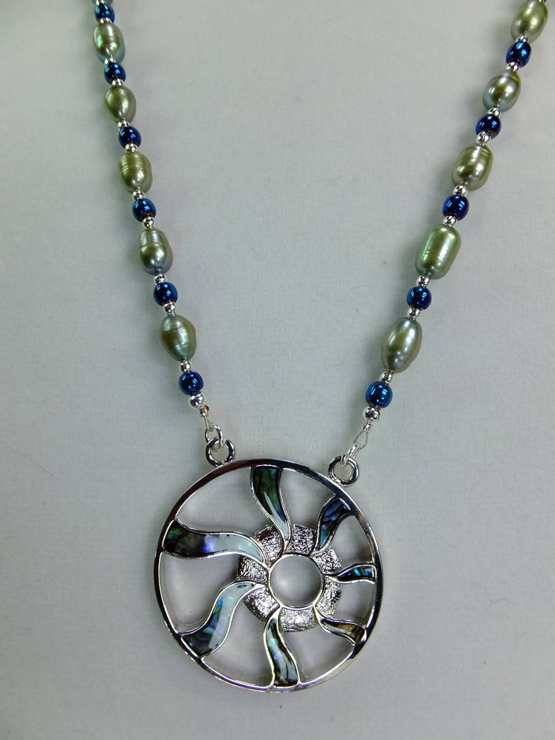 Abalone Shell Inset Sun Ray Pendant with Pale Green Freshwater Pearls, Blue Glass Beads and Tiny Silver Plated Spacer Beads Necklace image 4